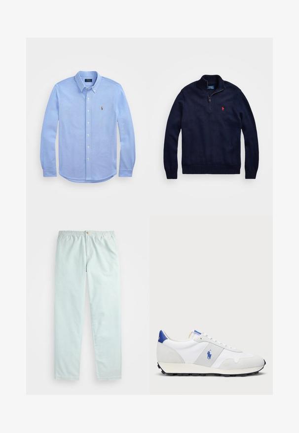 Tamsiai mėlynas megztas puloveris su aukštu apykakle, pusiau užtraukiamu užsegimu, raukšlėtais rankogaliais ir apačia bei maža raudona logotipu ant krūtinės.; Šviesiai mėlynas ilgas rankovėmis marškiniai su mygtukais, pagaminti iš minkštos medvilnės, turi klasikinį apykaklę ir mažą siuvinėtą logotipą ant krūtinės.; Šviesiai mėlynos, laisvo kirpimo kelnės su elastinga juosta, šoninėmis kišenėmis ir vienu mygtuku priekyje.; Baltos sportinės snukerius su pilkais zomšos akcentais, tinklelio viršumi, mėlynu kulno užtrauktuku ir juodu guminėmis padais. Įrengtas raištelių uždarymu ir logotipu.