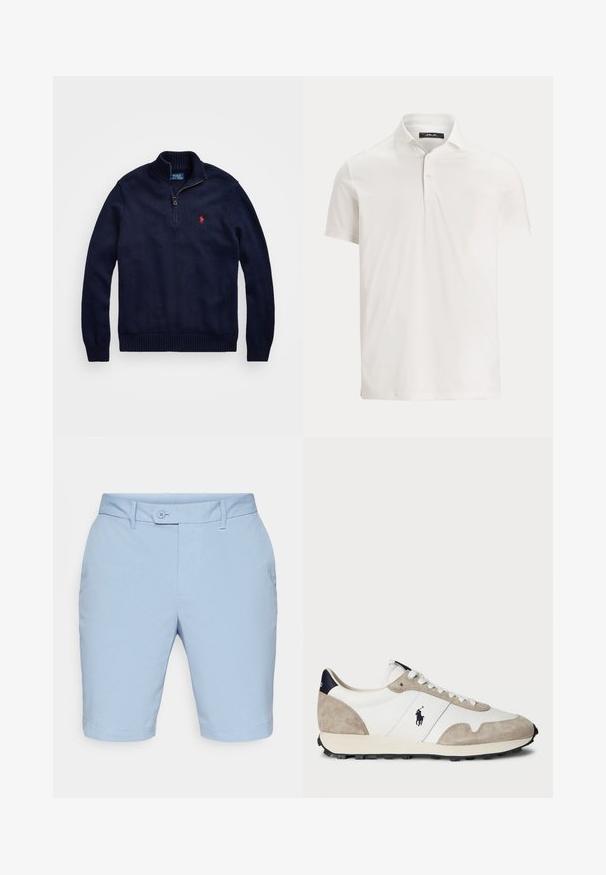 Tmavě modrý pletený svetr s vysokým límcem, polovičním zipem, žebrovanými manžetami a lemem a malým červeným logem na hrudi.; Pánské bílé polo tričko s krátkým rukávem, límečkem, dvěma knoflíky a jemnou logovou štítkem na vnitřním límci.; Svetle modré šortky vyrobené z texturované tkaniny, s plochým předním dílem, bočními kapsami a knoflíkovým zapínáním s poutky na pásek.; Bílé a béžové semišové tenisky s černou gumovou podrážkou a logem Polo na boku, vyfocené z vnější strany na bílém pozadí.