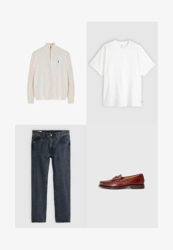 White zip-up sweater made of a soft, textured fabric. Features long sleeves and a black logo accent on the chest.; White short-sleeve t-shirt made of cotton with a crew neck. Features subtle embossed logo detail on the front and a red label at the hem.; Dark blue denim jeans with a straight leg design, five pockets, and a button-fly closure. The fabric shows a subtle fade and texture.; Brown leather loafers with a smooth finish, decorative stitching, and a front tassel accent. Low, solid brown heel, sleek design.
