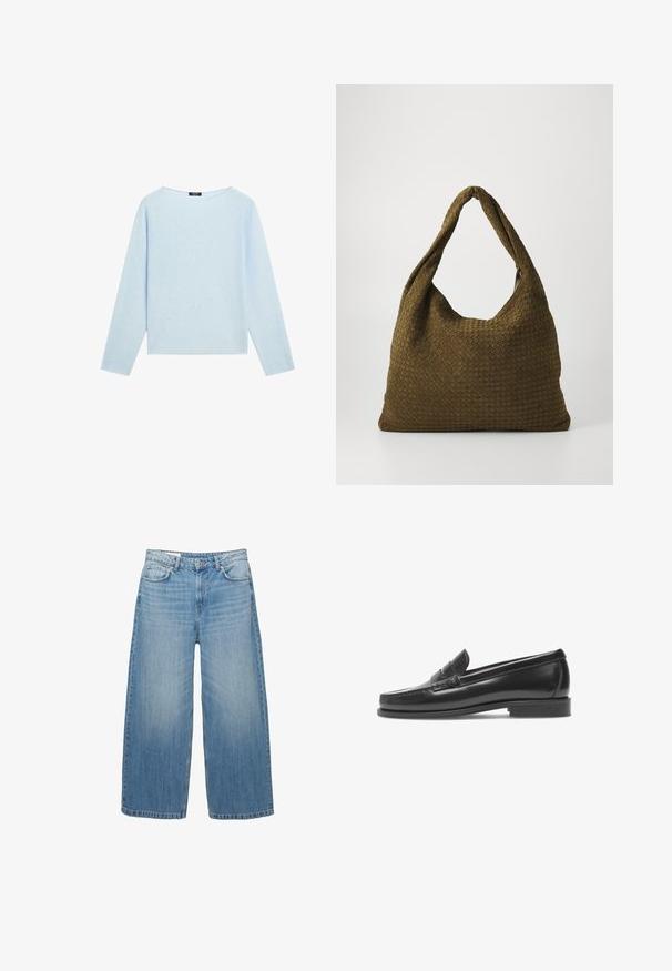 Helles blaues Langarm-Sweatshirt mit weiter Bootsausschnitt und geradem Saum, auf einem weißen Hintergrund präsentiert.; Hellblaues Hemd mit knöpfbarem Kragen, vertikalen weißen und dünnen roten Streifen, langen Ärmeln und abgerundetem Saum.; Hellblaue weite Jeans aus Denim, mit einem klassischen Fünf-Taschen-Design und einem Knopfverschluss. Im ganzen Stoff mit einem verwaschenen Look.; Schwarze Leder-Penny-Loafer mit glatter Oberfläche, niedrigem Absatz und dekorativem Band. Merkmale sind eine gestickte Zehenpartie und ein minimalistische Design.; Gewebte Handtasche in Olivgrün mit einer geräumigen, runden Form und einem einzelnen, verlängerten Tragegriff. Strukturiere Oberfläche.