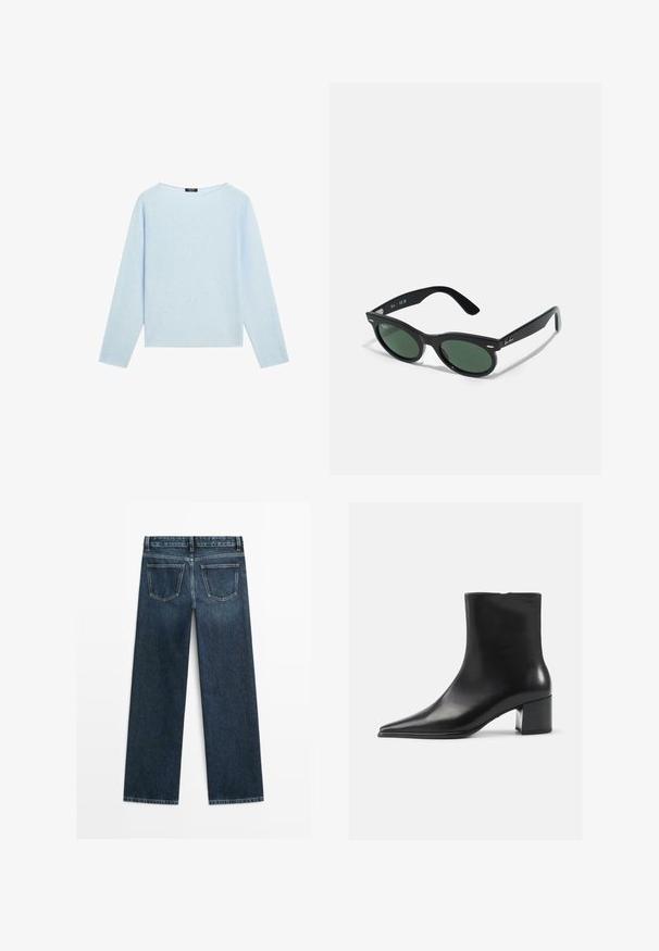 Lyseblå langærmet sweater med bred bådudskæring og lige kant, vist på en hvid baggrund.; Mørkeblå denimjeans i lige snit med to baglommer og synlig syning langs sømme og kanter.; Sort læder ankelstøvle med spidse tæer, glat tekstur og mellemhøj blokhæl. Minimalistisk design, lynlås lukning bagpå.; Sorte solbriller med grønne linser, rund form, plastikramme, subtile sølvdetaljer og en glat overflade. Mærkets logo på armen.