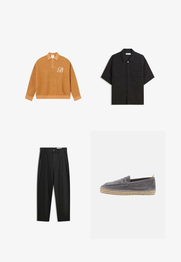 Honey-colored knit pullover with a zip collar. Features ribbed cuffs and hem, textured fabric, and an embroidered white letter ‘B’ detail.; Black short-sleeve shirt made of fabric with a smooth texture, features two front pockets, a classic collar, and button closure.; Black cotton trousers with a relaxed fit, featuring a classic waistband, front pleats, and side pockets. Smooth texture without patterns.; Gray canvas slip-on shoe with braided jute sole and contrasting yellow accent on heel, featuring a smooth texture and minimalist design.