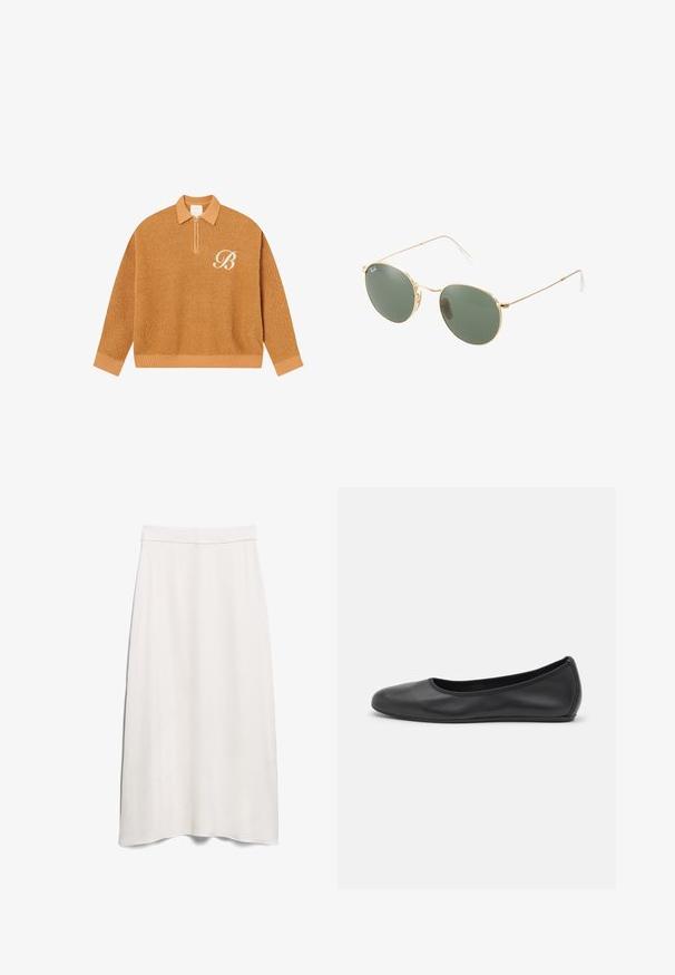 Honey-colored knit pullover with a zip collar. Features ribbed cuffs and hem, textured fabric, and an embroidered white letter ‘B’ detail.; White A-line skirt made from smooth fabric, featuring a high waistband and floor-length design with a subtle drape.; Black leather ballet flat with a rounded toe, smooth texture, minimal stitching detail, and a flexible sole design.; Gold metal frame sunglasses with green lenses, round shape, thin temples, and white plastic accents on the tips of the arms.