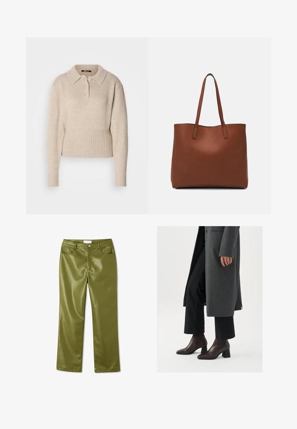 Biezi adītas džemperis ar garām piedurknēm, ribotām aprocēm un apakšējo pogu rindu zem klassiskā apkakle.; Olīvu zaļas, augsto jostasvietu mākslīgā āda bikses ar gludu tekstūru, četriem kabatām un priekšējo pogu aizdari. Taisnas kāju dizains.; Augstpapēžu potīšu zābaki tumši brūnā ādā ar smailo purngalu un bloku papēdi, saskaņoti ar melnām biksēm un pelēku mēteli.; Brūna ādas iepirkumu soma ar gludu tekstūru, atvērta augšdaļa un divas plecu siksnas. Izceļas ar minimālām šuvēm un redzamu aparatūru nav.