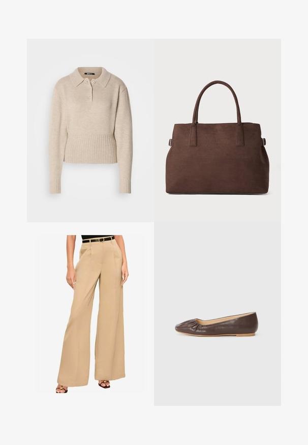 Bežový pletený sveter s dlhými rukávmi, rebrovanými manžetami a spodným lemom, a krátkou gombíkovou légou pod klasickým golierom.; Béžové široké nohavice vyrobené z hladkej tkaniny, s prednými platňami a čiernym opaskom so zlatým prackou.; Hnedé kožené baletky s okrúhlou špičkou, zberaným detailom na prednej strane a plochou, svetlou podrážkou.; Hnedá falošná zamšová taška na rameno s dvoma pevnýmuch rukoväťami, štruktúrovaným tvarom a minimalistickým dizajnom, s jemnými akcentmi prešitia.