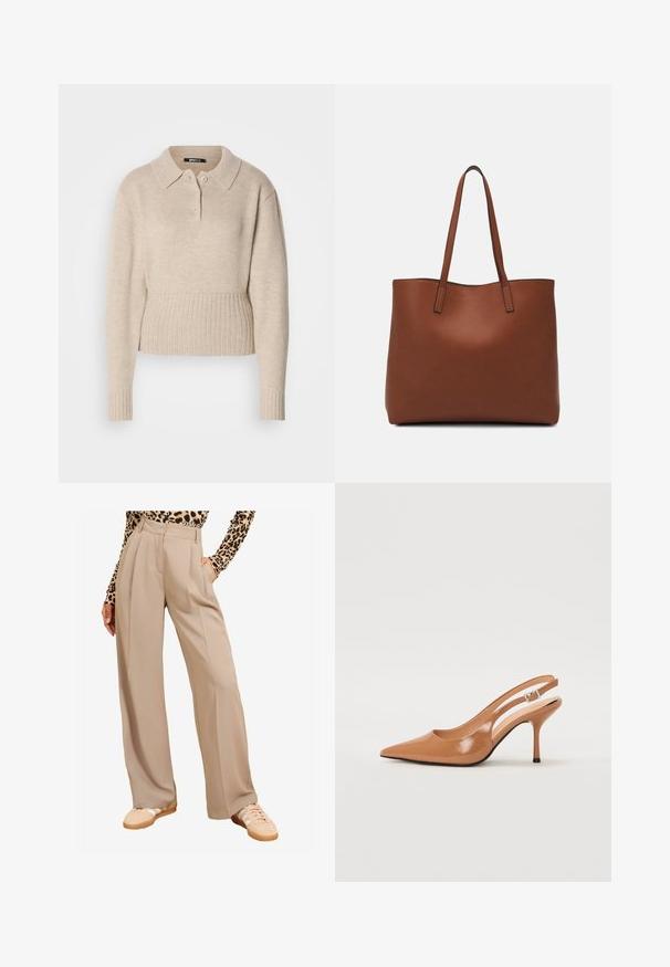 Bež pulover z dolgimi rokavi, rebrastimi manšetami in obrobami ter kratkim gumbom pod klasičnim ovratnikom.; Bež hlače širokih nogavic z gubami, ki imajo žepe in gladko teksturo. V kombinaciji z bež supergami in majico z leopardjim vzorcem.; Slinčaste pete z ostro konico v gladkem, sijočem bež materialu. Imajo ukrivljen rez in vitko stiletto peto. Podrobnost s srebrno zaponko.; Rjava usnjena torba z gladko teksturo, odprto zasnovo zgoraj in dvema naramnima trakovoma. Opremljena je z minimalnim šivanjem in brez vidnih kovinskih delov.
