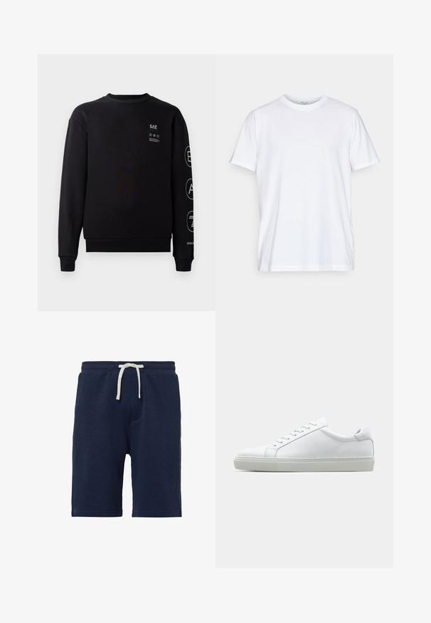 Sweatshirt noir en coton avec un col ras du cou, des poignets côtelés et un ourlet. Présente des détails de logo blanc à l'avant et sur la manche.; T-shirt en coton blanc à manches courtes, col rond et coupe décontractée. Présente un design minimaliste, sans motifs ni accents.; Shorts bleu marine en tissu doux, dotés d'une taille élastique avec cordon de serrage, de poches latérales et d'un design simple et épuré. Texture lisse.; Sneaker blanche avec une tige en cuir lisse et un profil bas. Présente un bout arrondi, six œillets et une semelle en caoutchouc texturé.