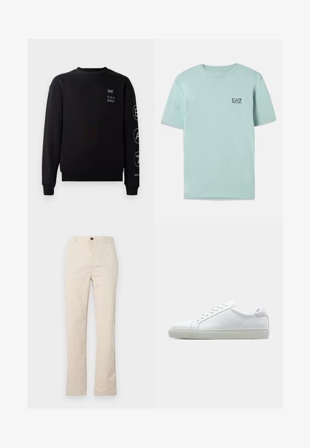 Black sweatshirt made of cotton with a crew neck, ribbed cuffs, and hem. Features white logo details on the front and sleeve.; Light mint green t-shirt made of cotton, featuring short sleeves and a round neck, with a small black EA7 logo on the chest.; Light beige cotton pants with a straight leg design, featuring a front button closure, zipper fly, and minimal stitching details.; White sneaker with a smooth leather upper and a low profile. Features a rounded toe, six eyelets, and a textured rubber sole.