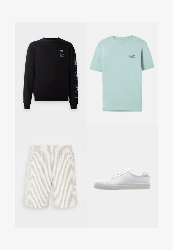 Felpa nera in cotone con colletto tondo, polsini e orlo a coste. Presenta dettagli del logo bianco sul davanti e sulla manica.; T-shirt verde menta chiaro realizzata in cotone, con maniche corte e collo rotondo, dotata di un piccolo logo EA7 nero sul petto.; Pantaloni corti a righe realizzati in un tessuto leggero e traspirante. Colore avorio con sottili righe verticali grigie. Vita elastica.; Sneaker bianco con tomaia in pelle liscia e profilo basso. Presenta una punta arrotondata, sei occhielli e una suola in gomma testurizzata.