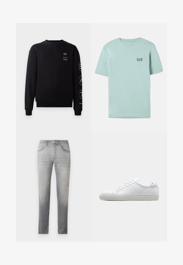 Zwarte sweatshirt van katoen met een ronde hals, ribgebreide manchetten en zoom. Bevat witte logodetails op de voorkant en mouw.; Lichtgroene t-shirt van katoen, met korte mouwen en een ronde hals, voorzien van een klein zwart EA7-logo op de borst.; Grijze denim jeans met een slim fit, voorzien van een middelhoge taille, vijf zakken en subtiele vervaging overal. Klassieke stiksels langs de naden.; Witte sneaker met een gladlederen bovenwerk en een laag profiel. Voorzien van een ronde neus, zes vetergaatjes en een gestructureerde rubberen zool.