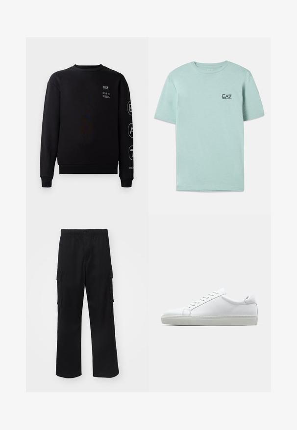 Black sweatshirt made of cotton with a crew neck, ribbed cuffs, and hem. Features white logo details on the front and sleeve.; Light mint green t-shirt made of cotton, featuring short sleeves and a round neck, with a small black EA7 logo on the chest.; Black cargo pants featuring an elastic waistband, side pockets, and a straight-leg design, made from a lightweight fabric.; White sneaker with a smooth leather upper and a low profile. Features a rounded toe, six eyelets, and a textured rubber sole.