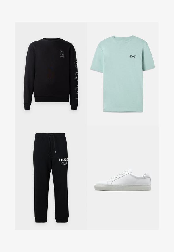 Schwarzes Sweatshirt aus Baumwolle mit Rundhalsausschnitt, gerippten Bündchen und Saum. Mit weißen Logodetails auf der Vorderseite und dem Ärmel.; Helles mintgrünes T-Shirt aus Baumwolle, mit kurzen Ärmeln und rundem Ausschnitt, mit einem kleinen schwarzen EA7-Logo auf der Brust.; Schwarze Sweatpants aus einem Baumwollmix, mit einem Kordelzugbund, schmal zulaufenden Beinen und einem weißen bedruckten Logo und Text auf dem linken Oberschenkel.; Weißer Sneaker mit glattem Lederobermaterial und niedrigem Profil. Verfügt über eine runde Zehenpartie, sechs Ösen und eine strukturierte Gummisohle.
