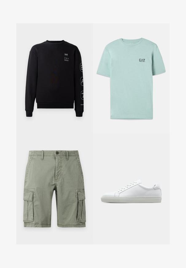 Czarna bluza z bawełny z okrągłym dekoltem, z ściągaczami przy mankietach i u dołu. Posiada białe detale z logo z przodu i na rękawie.; Jasnozielona koszulka z bawełny, z krótkimi rękawami i okrągłym dekoltem, z małym czarnym logo EA7 na piersi.; Zielone szorty cargo wykonane z mieszanki bawełny, z dwoma bocznymi kieszeniami, zapięciem na guzik i prostym krojem.; Białe sneakersy z gładką skórzaną cholewką i niskim profilem. Posiadają okrągły nos, sześć dziurek na sznurówki oraz teksturowaną gumową podeszwę.