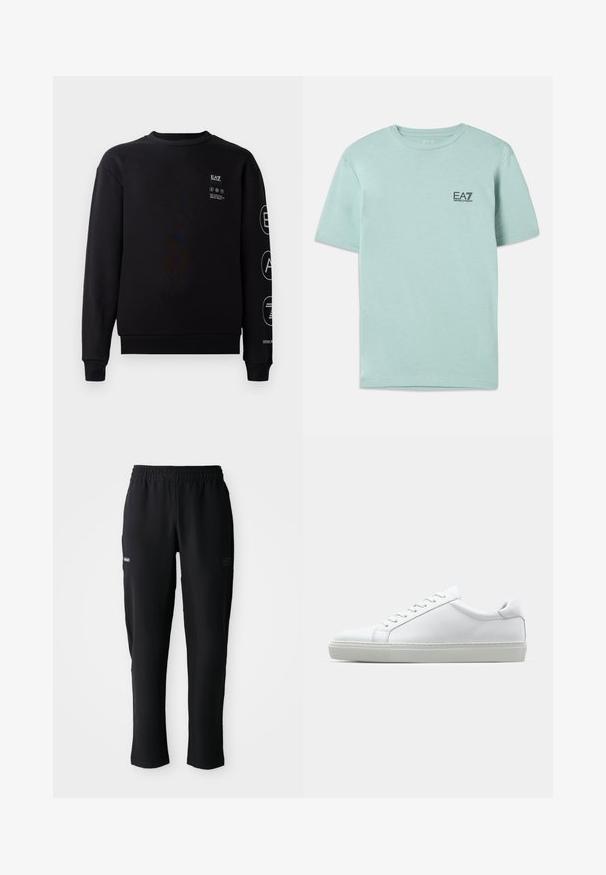 Černá mikina z bavlny s kulatým výstřihem, žebrovanými manžetami a lemem. Na přední straně a rukávu se nachází bílé detaily loga.; Světle mentolové tričko vyrobené z bavlny, s krátkými rukávy a kulatým výstřihem, s malým černým logem EA7 na hrudi.; Černé sportovní kalhoty s elastickým pasem, bočními kapsami a subtilními logy tištěnými na stehnech, vystavené na bílém pozadí.; Bílé tenisky s hladkým koženým svrškem a nízkým profilem. Mají zaoblenou špičku, šest nýtů a texturovanou gumovou podrážku.