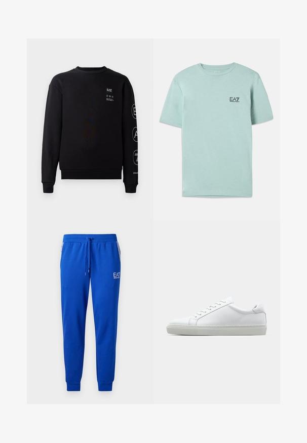 Must mustega puuvillane sweatshirt ümmarguse kaelusega, soonikkoes mansetid ja allserv. Esiküljel ja varrukal on valged logo detailid.; Hele helesinine t-särk, mis on valmistatud puuvillast, lühikeste varrukatega ja ümmarguse kaelusega, rinnal väike must EA7 logo.; PeNAVAL sinised dressipüksid, mis on valmistatud pehmest kangast, elastse vöökoha ja kummipaelaga. Omab logot jalal ja triibulisi küljetaskuid.; Valge tennisetoss, millel on sile nahk pealis ja madal profiil. Omab ümarat ninaosa, kuut silmust ja tekstuuriga kummist talda.