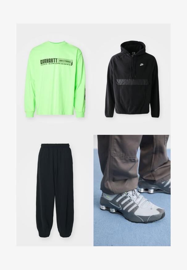 Svart Nike hettegenser med teksturert fleece-materiale, frontlomme med en glatt matt finish og snorhette. Logg på brystet.; Langermet T-skjorte i livlig neon grønn bomull, med svart tekst og grafikk på fronten og venstre erme, rund halsdesign.; Sorte, joggebukser med elastisk liv, løs passform, mansjetter på ankler, glatt tekstur og uten synlige mønstre eller hardware-detaljer.; Grå og sølv Nike Shox-sneakers har et slankt design, med mesh- og syntetiske materialer, en rund tå og en polstret krage.