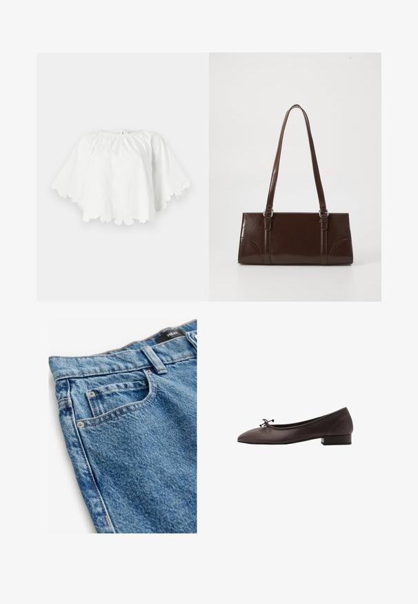 Light blue knitted sweater with a round neckline, short sleeves, and ribbed hem. Soft texture and relaxed fit.; White cotton top with a round neckline and short, flared sleeves. Scalloped hem features floral embroidery, creating a textured design.; Denim jeans in medium blue with a faded texture. Features include five pockets, copper rivets, and stitched detailing along the seams.; Brown leather ballet flat with a rounded toe and small block heel. Features a thin bow at the front and subtle stitching details.; Brown patent leather handbag with a rectangular shape, two long handles, and subtle curved accents on the front.; Gold-tone metal ring featuring two oval stones: a smoky gray and a pale pink, each encased in a simple bezel setting.