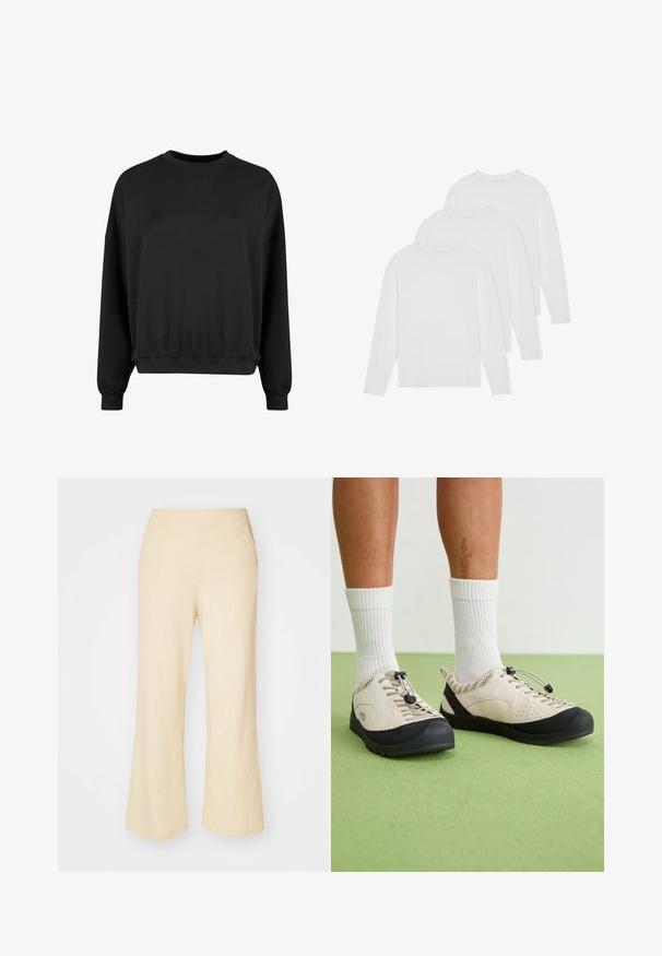 Fekete pulóver kerek nyakkal, laza szabással és bordás mandzsettával. Elülső oldalon diszkrét, domború logóval rendelkezik. Puha anyag, matt felülettel.; Három hosszú ujjú póló szett egyszínű fehérben. Puha, könnyű anyagból készült, kerek nyakkal és egyszerű, díszítetlen dizájnnal.; Világos bézs, bő szárú nadrág, struktúrált anyagból készült, rugalmas derékpánttal és két oldalsó zsebbel.; Beige cipők fekete részletekkel, hálós oldalpanelekkel és biztonságos fűzőn húzóval. Vastag gumi talp, mintázott barázdával. Fehér zoknikkal viselve.