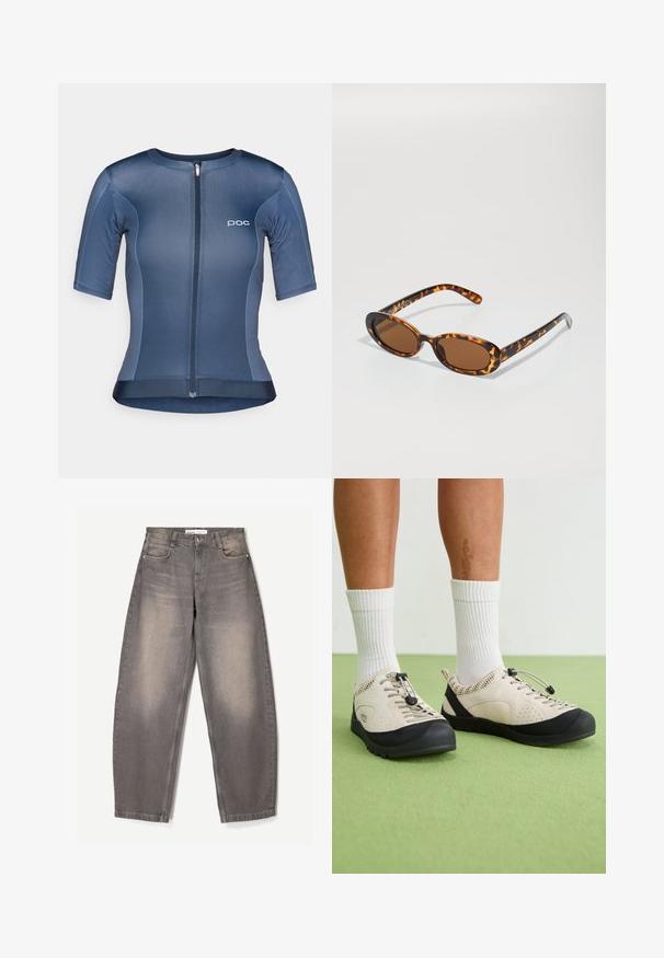 Felpa nera con colletto a girocollo, vestibilità comoda e polsini a coste. Presenta un logo goffrato discreto sul fronte. Materiale morbido con finitura opaca.; Maglietta da ciclismo a maniche corte realizzata in morbido e elasticizzato tessuto blu, presenta una cerniera frontale, il logo POC e un orlo leggermente curvato.; Jeans grigi larghi realizzati in denim, con leggeri sbiadimenti, design a cinque tasche, passanti per cintura e chiusura con bottone in vita.; Scarpe beige con accenti neri, pannelli laterali in rete e un sistema di lacci con chiusura sicura. Suole in gomma spesse con battistrada decorato. Indossate con calzini bianchi.; Occhiali da sole tartaruga con montatura ovale, lenti marroni e astine nere sottili con accenti di pattern discreti.
