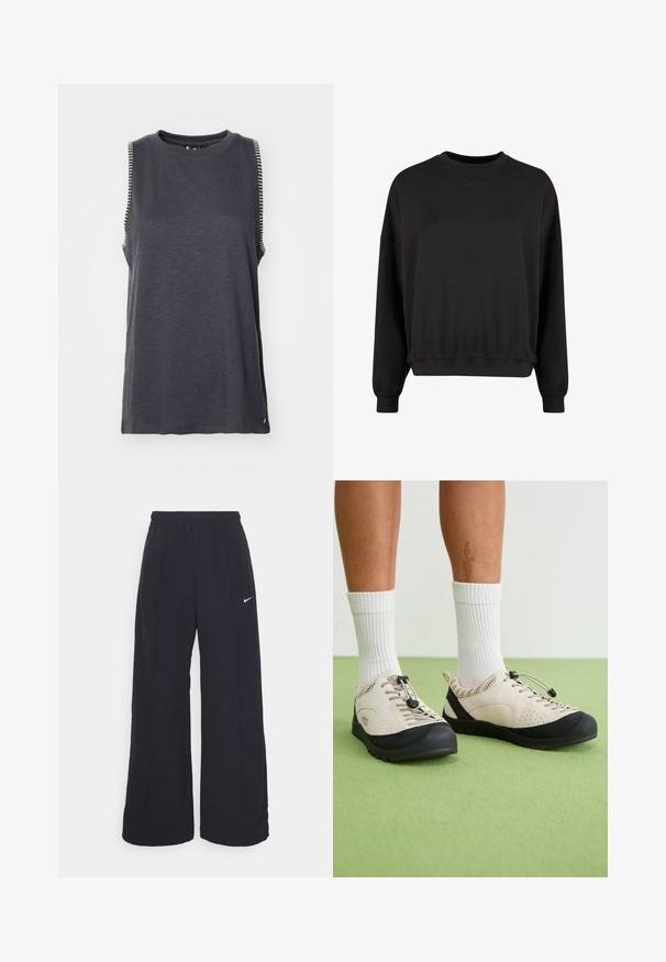 Czarny sweatshirt z okrągłym dekoltem, luźnym krojem i ściągaczami. Ozdobiony subtelnym wytłoczonym logo z przodu. Wykonany z miękkiego materiału o matowym wykończeniu.; Czarna, bezrękawnikowa koszulka w odcieniu ciemnoszarym z okrągłym dekoltem, zdobiona białymi paskami wzdłuż ramion i luźnym krojem.; Czarne spodnie typu wide-leg z elastycznym pasem i małym białym logo Nike. Materiał ma gładką teksturę, zaprojektowany z myślą o komforcie i codziennym noszeniu.; Beżowe buty z czarnymi akcentami, z siateczkowymi bocznymi panelami i zabezpieczającym zapięciem na sznurówki. Grube gumowe podeszwy z wzorzystym bieżnikiem. Noszone z białymi skarpetami.