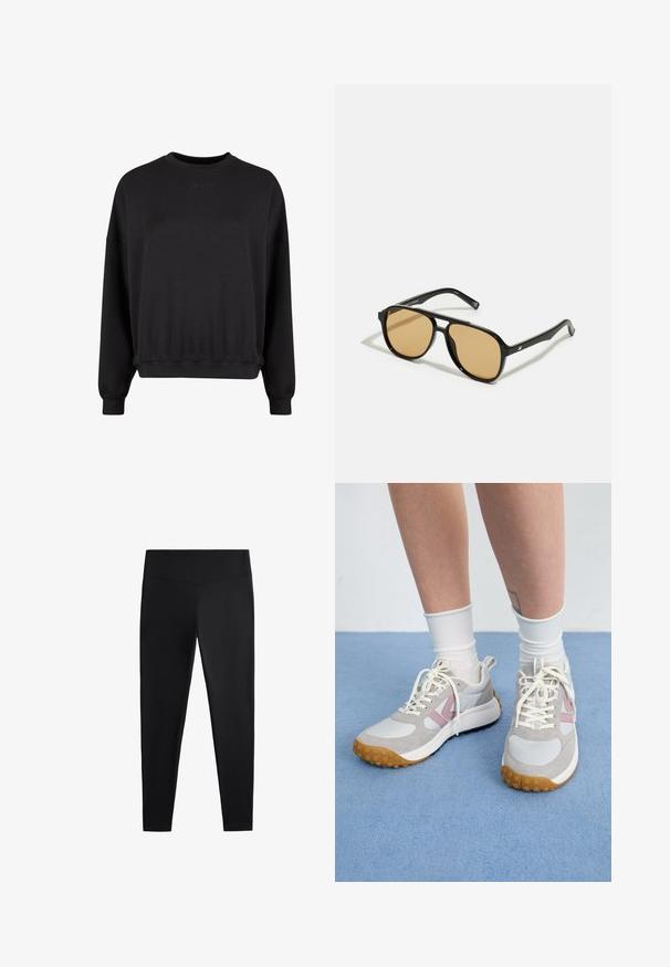 Felpa nera con colletto a girocollo, vestibilità comoda e polsini a coste. Presenta un logo goffrato discreto sul fronte. Materiale morbido con finitura opaca.; Leggings neri realizzati in tessuto liscio e elasticizzato. Presentano una cintura larga e un design a gamba affusolata, adatti per un abbigliamento sia attivo che casual.; Sneaker grigio chiaro con accenti rosa, pannelli in pelle bianca e suola in gomma testurizzata. I lacci sono color crema e i calzini sono bianchi.; Occhiali da sole neri con lenti a sfumatura marrone; forma rettangolare con una montatura spessa, inclusi sottili dettagli metallici sulle astine.