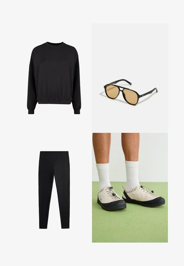 Sort sweatshirt med crew neck, afslappet pasform og ribstrikkede manchetter. Har et diskret præget logo på forsiden. Blødt materiale med mat finish.; Sorte leggings lavet af glat, strækbart stof. Har en bred talje og en tapered ben-design, velegnet til aktiv eller afslappet brug.; Beige sko med sorte accenter, mesh sidedele og et sikkert snørebånd. Tykk gummisål med mønstret slidbane. Båret med hvide sokker.; Sorte solbriller med brune tonede linser; rektangulær form med en tyk ramme, herunder diskrete hardwaredetaljer på stængerne.