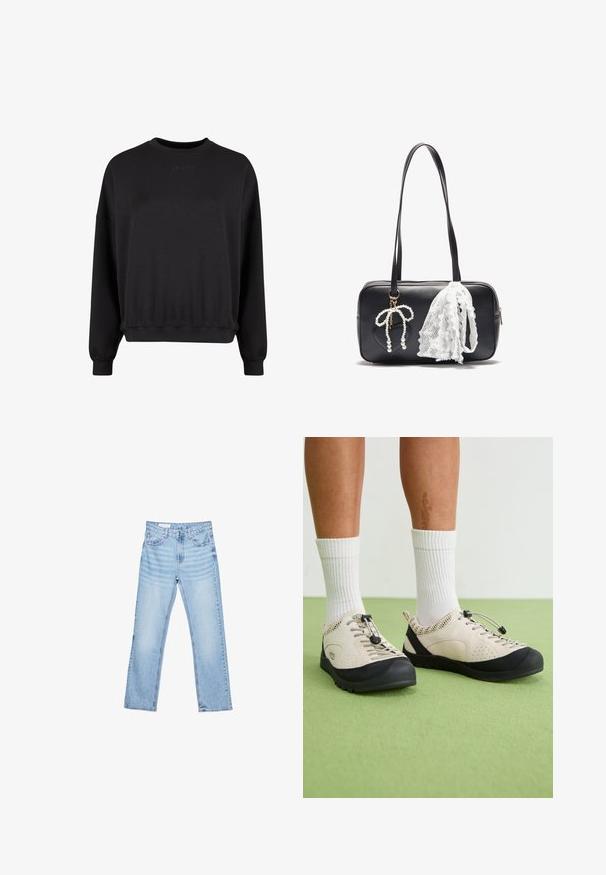 Black sweatshirt with a crew neck, relaxed fit, and ribbed cuffs. Features a subtle embossed logo on the front. Soft material with a matte finish.; Light blue denim jeans with a straight cut, five-pocket design, and visible stitching. Mid-rise waist with a classic button and zip closure.; Beige shoes with black accents, mesh side panels, and a secure lace toggle. Thick rubber soles with patterned tread. Worn with white socks.; Even&Odd Handbag - black