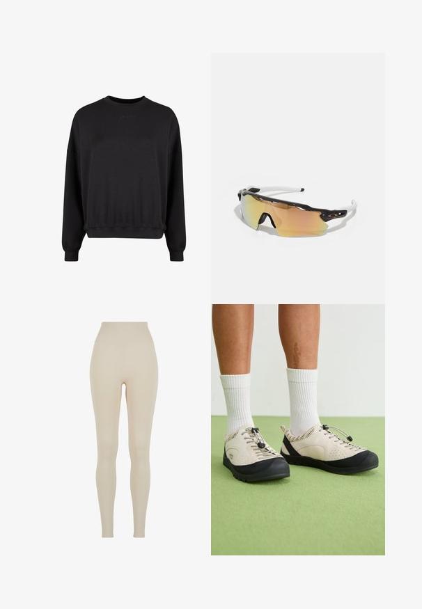 Črna majica s kapuco z okroglim izrezom, sproščenim krojem in rebrastimi robovi. Ima subtilen embosiran logotip spredaj. Mehka tkanina z mat zaključkom.; Bež legice iz raztegljive tkanine z visokim pasom; gladka tekstura, prilegajoč silhuet, brez vidnih vzorcev ali kovinskih podrobnosti.; Bež čevlji z črnimi detajli, mrežastimi stranskimi ploščami in varnim zategovanjem vezalk. Debeli gumijasti podplati s patterned vzorcem. Obuti z belimi nogavicami.; Sončne očala z okvirjem v črno-belih tonih, velikimi zrcalnimi lečami v zlatih in rožnatih odtenkih, aerodinamično zasnovo in podaljšanim zunanjim robom.