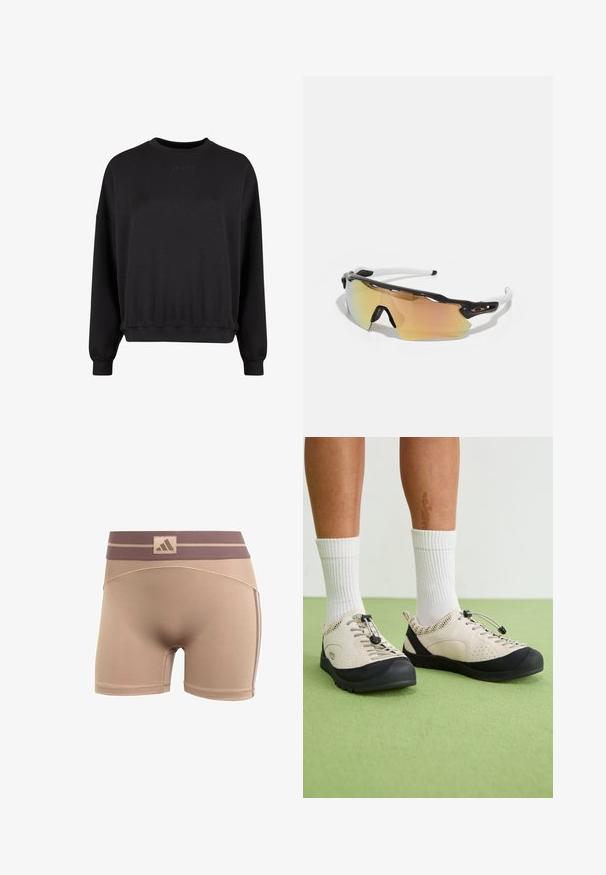 Czarny sweatshirt z okrągłym dekoltem, luźnym krojem i ściągaczami. Ozdobiony subtelnym wytłoczonym logo z przodu. Wykonany z miękkiego materiału o matowym wykończeniu.; adidas Performance - Rajstopy; Beżowe buty z czarnymi akcentami, z siateczkowymi bocznymi panelami i zabezpieczającym zapięciem na sznurówki. Grube gumowe podeszwy z wzorzystym bieżnikiem. Noszone z białymi skarpetami.; Okulary przeciwsłoneczne z czarno-białą oprawką, dużymi lustrzanymi soczewkami w złotych i różowych odcieniach, aerodynamiczny kształt oraz wydłużona zewnętrzna krawędź.