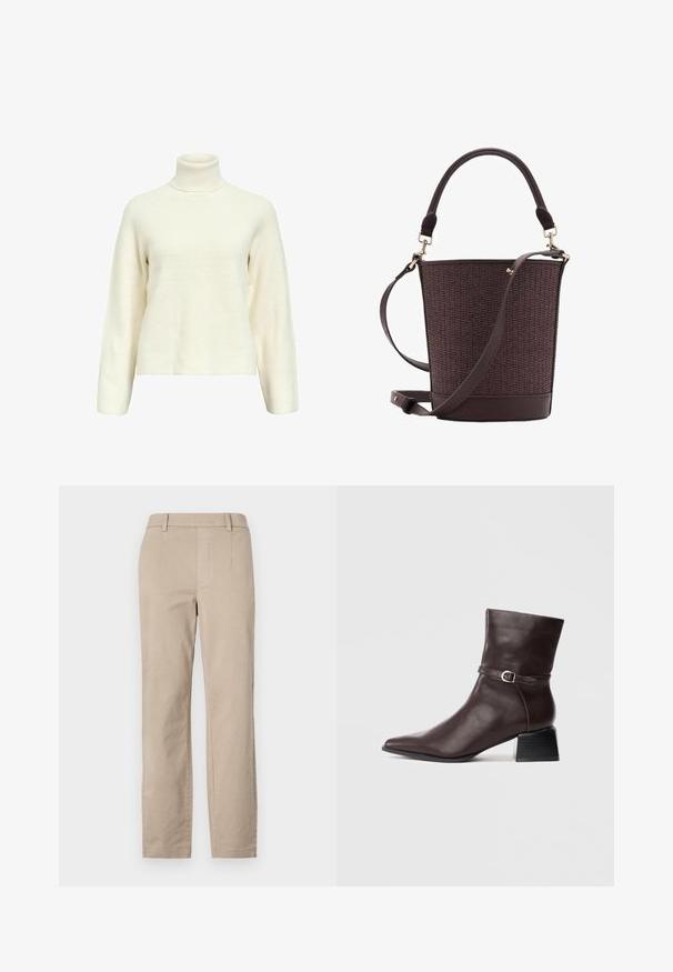 Crème coltrui met een gestructureerd ribpatroon, raglanmouwen en een ontspannen pasvorm, met subtiele verticale patronen.; Beige katoenen broeken met een rechte pijpontwerp, voorzien van riemlussen en zonder zichtbare versieringen of patronen.; Donkerbruine leren laars tot halverwege de kuit met een spitse neus, blokhak en een dunne band met een metalen gesp om de enkel.; Bruine geweven emmer tas met een leren bodem, een handvat bovenop en een verstelbare schouderriem. Voorzien van gouden hardware accenten.