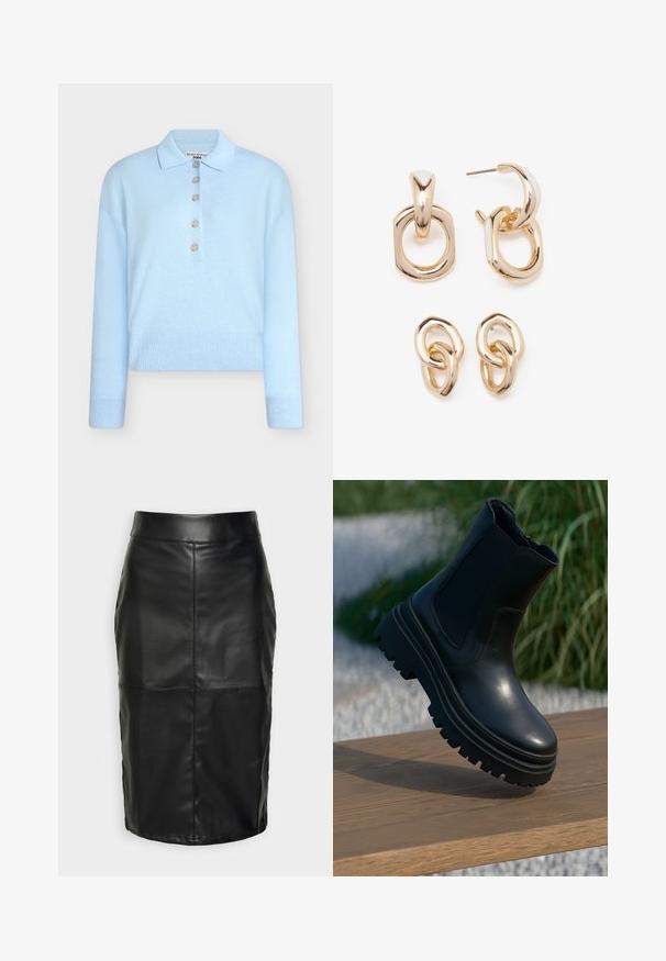 Hellblauer, kurz geschnittener Strickpullover mit flachem Kragen und fünf Knöpfen. Mit langen Ärmeln und geripptem Saum.; Schwarzer Lederrock mit glatter Textur, der über einen hohen Bund und genähte Nähte verfügt, die eine dezente, strukturierte Form schaffen.; Schwarze Leder-Ankle-Boots mit einer robusten Sohle, elastischen Seitenteilen und einer glatten Oberfläche. Erhöhtes Design mit kontrastierenden Profildetails.; Goldfarbene Ohrringe mit einer Mischung aus geometrischen Formen: einem Quadrat, einem Kreis und miteinander verbundenen ovalen Designs mit einer polierten Oberfläche.