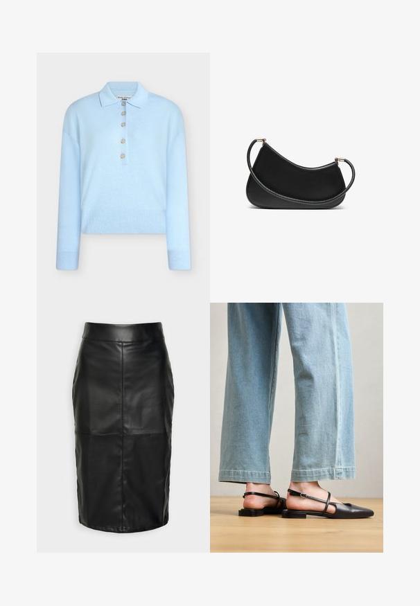 Jasnoniebieski krótki sweter dzianinowy z płaskim kołnierzem i zapięciem na pięć guzików. Posiada długie rękawy i prążkowaną fakturę przy krawędzi.; Czarna skórzana spódnica o gładkiej teksturze, z wysokim stanem i przeszyciami, które nadają subtelną, zdefiniowaną formę.; Czarne skórzane buty na plecaku z zakończeniem w szpic, płaskim obcasem i paskiem na kostce; noszone z jasnoniebieskimi spodniami w szerokie nogawki.; Czarna skórzana torba na ramię o zaokrąglonym designie, z teksturowanym paskiem i złotymi akcentami przy górnym zapięciu. Gładkie wykończenie.; Złote kolczyki z mieszanką geometrycznych kształtów: kwadrat, okrąg i połączone owalne wzory z polerowanym wykończeniem.