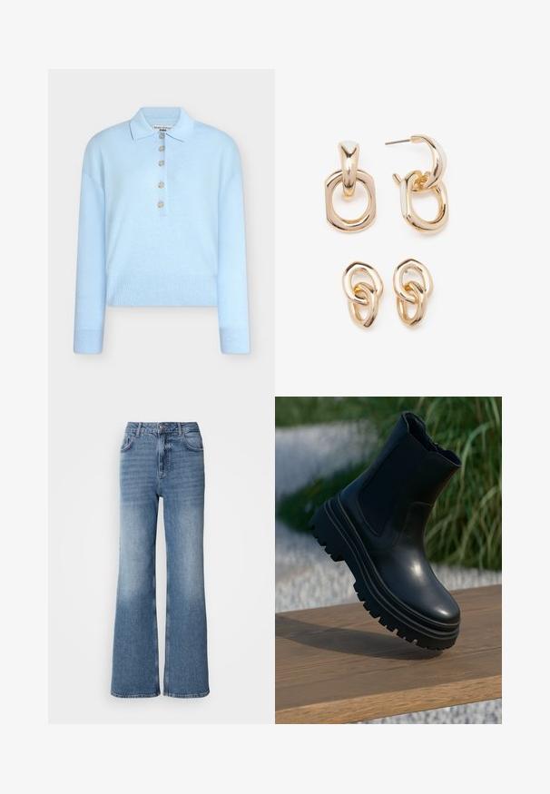 Lyseblå, avkortet strikkegenser med flat krage og knappestolpe med fem knapper. Har lange ermer og ribbestrikket tekstur nederst.; Mos Mosh MAI - Jeans straight leg - blue wash; Svart lær ankelstøvel med tykk såle, elastiske sidepaneler og en glatt overflate. Hevet design med kontrasterende såledetaljer.; Gullfargede øreringer med en blanding av geometriske former: en firkant, sirkel og sammenkoblede ovale design med en polert finish.