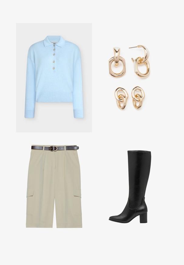 Világoskék, rövidített kötött pulóver lapos gallérral és öt gombos záródással. Hosszú ujjú, és bordázott mintázatú az alján.; Beige színű cargo rövidnadrág, laza szabással, két oldalzsebbel és egy kerek csattal ellátott barna övvel, sima szövet textúrával.; Fekete, térd fölé érő csizmák sima bőrből. Keskeny orral, blokk sarkúval és rugalmas oldalsó panelekkel rendelkeznek a könnyebb felhúzás érdekében.; Aranyszínű fülbevalók, amelyek geometriai formák keverékét tartalmazzák: négyzet, kör és összekapcsolt ovális minták, fényes felülettel.