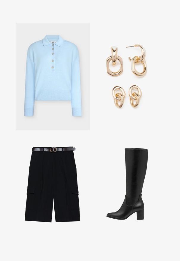 Svetlo moder izrezan pleten pulover s ravnim ovratnikom in zapiranjem na pet gumbov. Ima dolge rokave in rebrasto teksturo na robu.; Črne cargo kratke hlače iz lahkega blaga, s širšim krojem, stranskimi žepi in rjavim usnjenim pasom s srebrno sponko.; Črne škornje do kolen, izdelane iz gladke usnje. Imajo oster nos, blok peto in elastične stranske panele za enostavno obuvanje.; Zlato obarvane uhane, ki vključujejo mešanico geometrijskih oblik: kvadrat, krog in povezane ovalne oblike z poliranim zaključkom.
