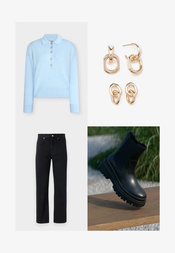Svetlomodrý skrátený pletený sveter s plochým golierom a zapínaním na päť gombíkov. Má dlhé rukávy a rebrovanú textúru na leme.; Čierne džíny z denimu so strihom rovného nohavice, dizajnom s piatimi vreckami, detailmi z medi a minimálnym viditeľným šitím.; Čierna kožená členková obuv s hrubou podrážkou, elastickými bočnými panelmi a hladkým povrchom. Vysoký dizajn s kontrastným dezénom podrážky.; Náušnice vo zlatej farbe s kombináciou geometrických tvarov: štvorec, kruh a prepojené oválne dizajny s lesklým povrchom.