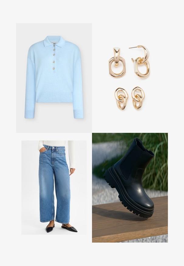 Lichtblauw, kortgebreide trui met een platte kraag en een sluiting met vijf knopen. Heeft lange mouwen en een geribbelde textuur aan de zoom.; Lichtblauwe denim wijde jeans met een hoge taille, vijf zakken en metalen knoopsluiting. Soepele textuur en casual pasvorm.; Zwarte leren enkelboot met een chunky zool, elastische zijkanten en een gladde afwerking. Verhoogd ontwerp met contrasterende profieldetails.; Goudkleurige oorbellen met een mix van geometrische vormen: een vierkant, cirkel en verbonden ovaal ontwerpen met een gepolijste afwerking.
