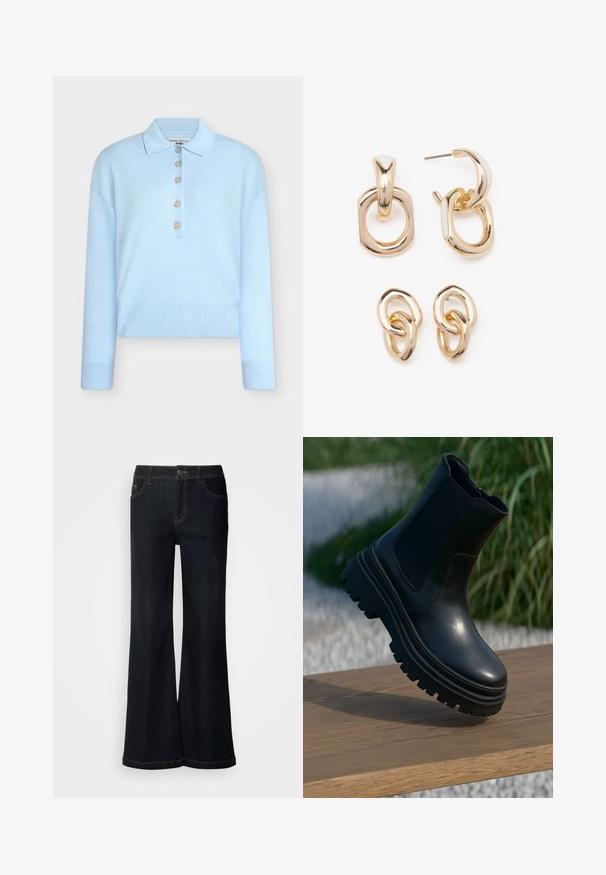 Világoskék, rövidített kötött pulóver lapos gallérral és öt gombos záródással. Hosszú ujjú, és bordázott mintázatú az alján.; Mos Mosh DELUXE - Laza szabású farmerek - dark blue; Fekete bőr bokacsizma tompa talppal, elasztikus oldalsó panellel és sima felülettel. Emelt kialakítás, kontrasztos talp mintázattal.; Aranyszínű fülbevalók, amelyek geometriai formák keverékét tartalmazzák: négyzet, kör és összekapcsolt ovális minták, fényes felülettel.