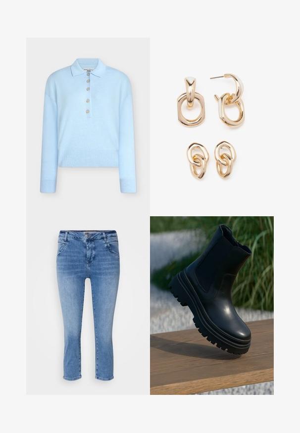 Šviesiai mėlynas trumpintas megztinis su plačiu apykakle ir penkių sagų užsegimu. Turi ilgomis rankovėmis ir rištu audiniu apačioje.; Šviesiai mėlynų džinsų kelnių su prigludusia forma, vidutiniu liemeniu ir trumpu ilgumu. Yra keturi kišenės ir mygtuko užsegimas.; Juodos odinės aulinės botai su masyviu padu, elastingomis šoninėmis detalėmis ir lygia apdaila. Iškeltas dizainas su kontrastu pateikta pado detale.; Auksu padengti auskarai, turintys įvairių geometrinių formų mišinį: kvadratą, ratą ir sujungtus ovalus su poliruotu paviršiumi.
