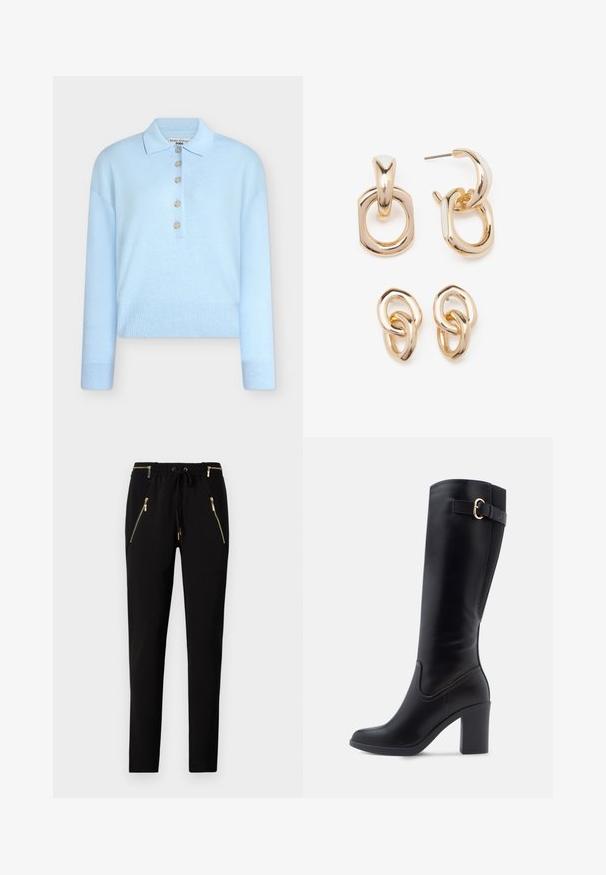 Gaiši zils, īss adīts džemperis ar taisnu apkakli un piecu pogu aizdari. Ir garas piedurknes un ribota tekstūra apakšmalā.; Melnas bikses ar elastīgu jostu un auklu. Aprīkotas ar divām priekšējām kabatām ar rāvējslēdzējiem un zelta aksesuāriem. Gluda virsma.; Ceļgalu augstuma melni sintētiski zābaki ar kvadrātveida purngalu, bloka papēdi, sānu sprādzes detaļu un gludu virsmas faktūru.; Zelta toņa auskari ar ģeometrisko formu maisījumu: kvadrāts, aplis un saistīti ovālie dizaini ar pulētu apdari.