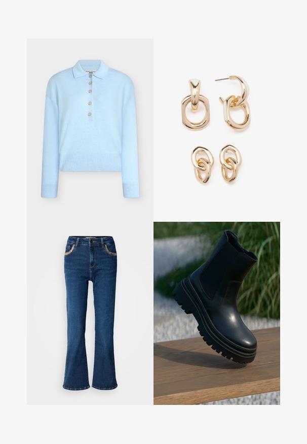 Pulover tricotat bleu deschis, scurt, cu guler plat și închidere cu cinci nasturi. Are mâneci lungi și textură striată la tiv.; Blugi evazați de culoare albastră închisă, cu o textură denim netedă, cusături aurii contrastante și accente pe buzunarele frontale. Design clasic cu cinci buzunare.; Botină neagră din piele, cu talpă groasă, panouri laterale elastice și un finisaj neted. Design elevat cu detalii de profil contrastante.; Cercei aurii cu un amestec de forme geometrice: un pătrat, un cerc și modele ovale legate, având un finisaj lucios.