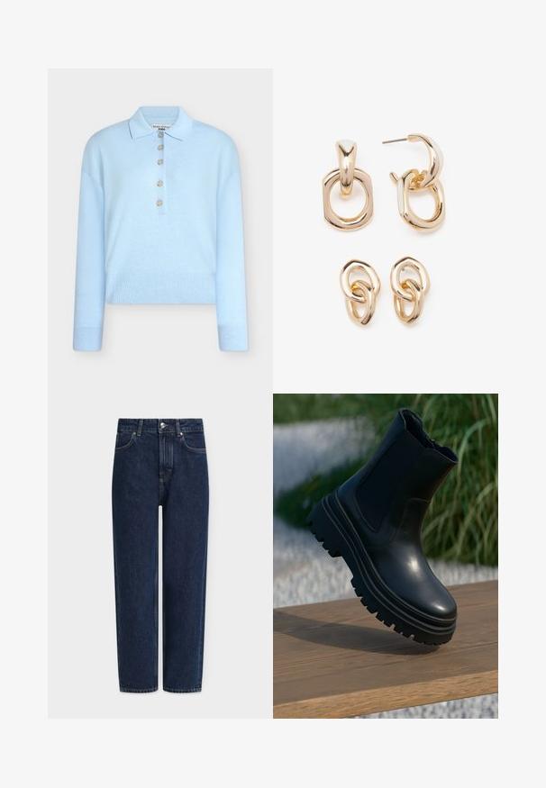Light blue, cropped knit sweater with a flat collar and five button closure. Features long sleeves and ribbed texture at the hem.; Dark blue denim jeans with a straight leg, high waist, silver hardware, front pockets, and subtle stitching details. Classic five-pocket design.; Black leather ankle boot with a chunky sole, elasticated side panels, and a smooth finish. Elevated design with contrasting tread detail.; Gold-toned earrings featuring a mix of geometric shapes: a square, circle, and linked oval designs with a polished finish.
