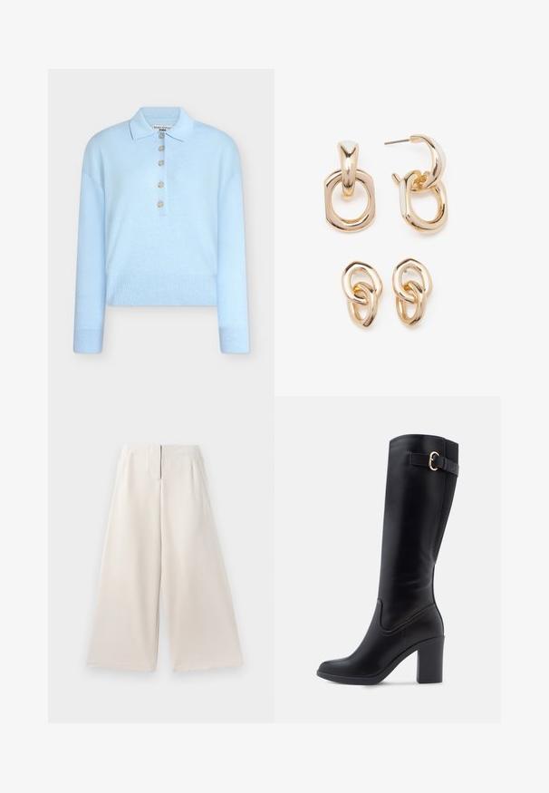 Light blue, cropped knit sweater with a flat collar and five button closure. Features long sleeves and ribbed texture at the hem.; Beige wide-leg trousers made of smooth fabric, featuring a high waist, side pockets, and a clean, minimalist design.; Knee-high black synthetic boots with a square toe, block heel, side buckle detail, and smooth surface texture.; Gold-toned earrings featuring a mix of geometric shapes: a square, circle, and linked oval designs with a polished finish.