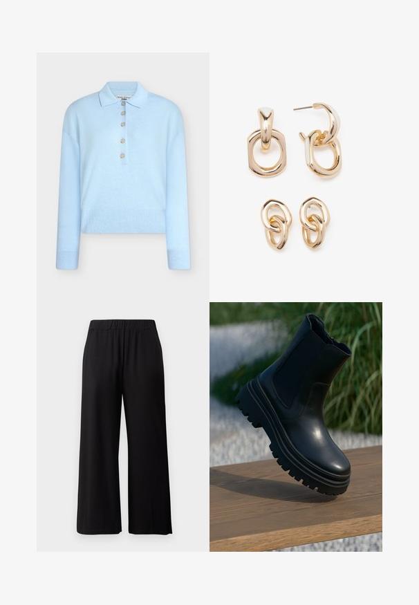 Camisola curta de malha azul-claro com gola plana e fecho de cinco botões. Apresenta mangas compridas e textura canelada na bainha.; Calças largas pretas feitas de um tecido suave e elástico. Apresentam uma cintura elástica e uma textura lisa, adequadas para uso casual.; Bota de tornozelo em couro preto com sola robusta, painéis laterais elásticos e acabamento suave. Design elevado com detalhe de solado em contraste.; Brincos em tom de ouro com uma mistura de formas geométricas: um quadrado, um círculo e desenhos ovais ligados, todos com um acabamento polido.