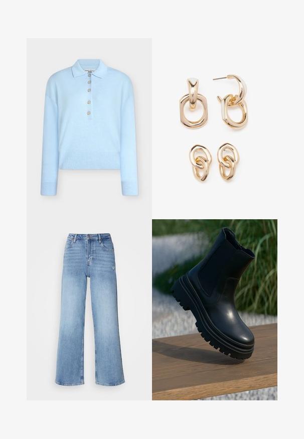 Hele sinine lühendatud kudumiga kampsun, millel on lame krae ja viie nupuga kinnis. Omab pikki varrukaid ja soonilise tekstuuriga ääri.; Heledsinine laiad teksad, mis on valmistatud denimist, kõrge vöökohaga, viie-tasku disainiga ning kerge kulumisega paremal reiel.; Mustad must jalanõud mustast nahast, paksu tallaga, elastsete külgpaneelidega ja siledaga viimistlusega. Tõstetud disain, millel on kontrastne tallamuster.; Kuldsete toonidega kõrvarõngad, millel on geomeetriliste kujundite segu: ruut, ring ja ühendatud ovaalsed kujundid, millel on poleeritud viimistlus.