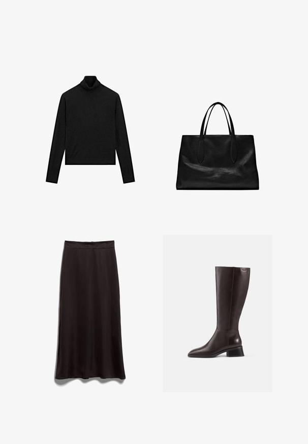 Zwarte coltrui met lange mouwen, gemaakt van een zachte stof. Heeft een aansluitend ontwerp met een geribbelde textuur bij de kraag en zoom.; Zwarte satijnen midi-jurk met een soepel textuur, een rechte snit en een tailleband. Geen zichtbare patronen of hardwaredetails.; Kniehoge bruine leren laarzen met een gladde afwerking, ronde neus en een gestapelde zwarte hak. Eenvoudig ontwerp met minimale hardwaredetails.; Zwarte leren totebag met twee lange handvatten, een gestructureerde vorm, een gladde textuur en een minimalistisch ontwerp. Geen zichtbare hardware of accenten.