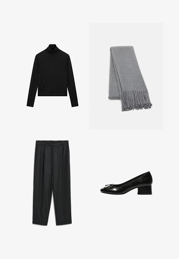 Svart polotröja med långa ärmar, gjord av ett mjukt tyg. Har en figursydd design med ribbad textur vid kragen och fållen.; Svarta skräddarsydda byxor med en avslappnad passform, tillverkade av ett slätt tyg, med framfickor och ett subtilt strukturerat mönster.; Svart lackläderspump med rund tås, liten blockklack och rosettdetalj framtill. Slät yta med en glänsande finish.; Grå ullscarf med en mjuk textur, med fransade kanter och en enkel design. Fint vikt, vilket visar dess avlånga form.; Svart läder tote-väska med två förlängda handtag, en strukturerad form, slät textur och minimalistisk design. Inga synliga beslag eller detaljer.