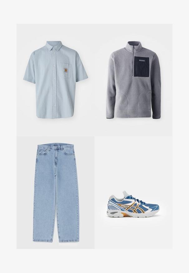 Grauer Fleece-Pullover mit einem halben Reißverschluss-Kragen, einer navyfarbenen Brusttasche, zwei Seitentaschen und strukturiertem Material. Leicht und im lässigen Design.; Helles blaues kurzärmeliges Hemd mit Knöpfen, strukturiertem Muster, einer einzelnen Brusttasche und einem quadratischen Carhartt-Logo-Patch auf der Tasche.; Hellblaue Jeans aus Denim mit geradem Bein, ausgestattet mit einer mittelhohen Taille, fünf Taschen sowie einem Knopf- und Reißverschluss.; Blaue Sportschuh mit Mesh-Obermaterial, weißen und orangefarbenen Akzenten, gepolstertem Zwischensohle und strukturiertem Gummisohle. Verfügt über ein Schnürdesign.