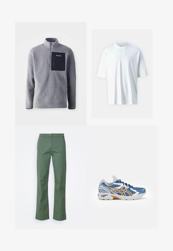 Grå fleecepullover med halvlukket krave, en marineblå brystlomme, to sidelommer og tekstureret stof. Letvægts- og afslappet design.; Hvid kortærmet t-shirt lavet af blødt bomuld. Har en rund halsudskæring, afslappet pasform og glat tekstur. Ingen synlige mønstre eller accenter.; Grønne bomuldsbukser med lige ben-design, der har en frontal knaplukning og sidelommer. Glat tekstur og uden mønstre.; Blå atletik sko med mesh-overdel, hvide og orange accenter, polstret mellemsål og struktureret gummisål. Har snørebåndsdesign.