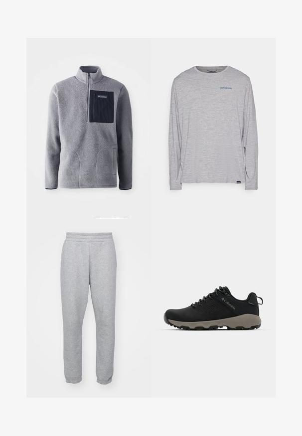 Pelēks flīsa pulkstenis ar pusi rāvējslēdzēja apkakli, tumši zilā krāsā krūšu kabata, divām sānu kabatām un teksturētu audumu. Viegls un ikdienišķs dizains.; Gaiši pelēks garām piedurknēm t-krekls, izgatavots no mīksta, teksturēta auduma. Ar apaļu izgriezumu un nelielu zilu Patagonia logotipu uz krūtīm.; Pelēki sporta bikses, kas izgatavotas no mīksta auduma, ar elastīgu jostu un pieguļošiem piedurkņu galiem, lai nodrošinātu plūstošu siluetu. Redzamās kabatas nav.; Melnas pārgājienu kurpes ar gludu virsu, perforētu dizainu, pelēku zoli un nostiprinātu papēdi. Iekļauj auklas un cilpu vieglai uzvilkšanai.